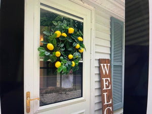 Artificial Spring Wreath with Lemons and Lush Leaves 20 in., Indoor-Outdoor Everyday Wreath with Lemons and Real Twig Back for Front Door or Wall - Hanging Farmhouse Decor
