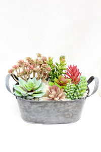 Artificial Succulent Arrangements in Oval Tin Planter w/Various Realistic Faux Succulents in Tin Planter w/Decorative Rocks - Indoor-Outdoor for Your Office Desk, Bathroom, or Bedroom Room Décor