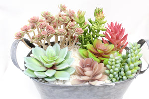 Artificial Succulent Arrangements in Oval Tin Planter w/Various Realistic Faux Succulents in Tin Planter w/Decorative Rocks - Indoor-Outdoor for Your Office Desk, Bathroom, or Bedroom Room Décor