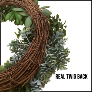 Realistic Artificial Succulent Wreath 18” in., & 12” Mini Wreath (Set of 2) Indoor-Outdoor Green Wreath w/Succulents & Real Twig Back for Front Door Wall & Candle Ring Hanging Farmhouse Decor