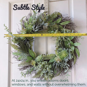 Realistic Artificial or Fake Succulent Wreath - 24x24., Indoor-Outdoor Green Wreath with Succulents & Real Twig Back for Front Door or Wall- Hanging Farmhouse Decor
